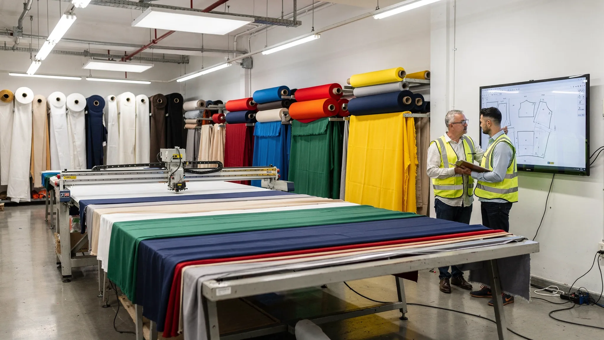 A bright, modern clothing factory cutting room with layered fabric spreads on a long table, an automatic cutting machine in action, and rolls of fabric organized by color along the wall. Two technicians review a marker layout on a nearby monitor.