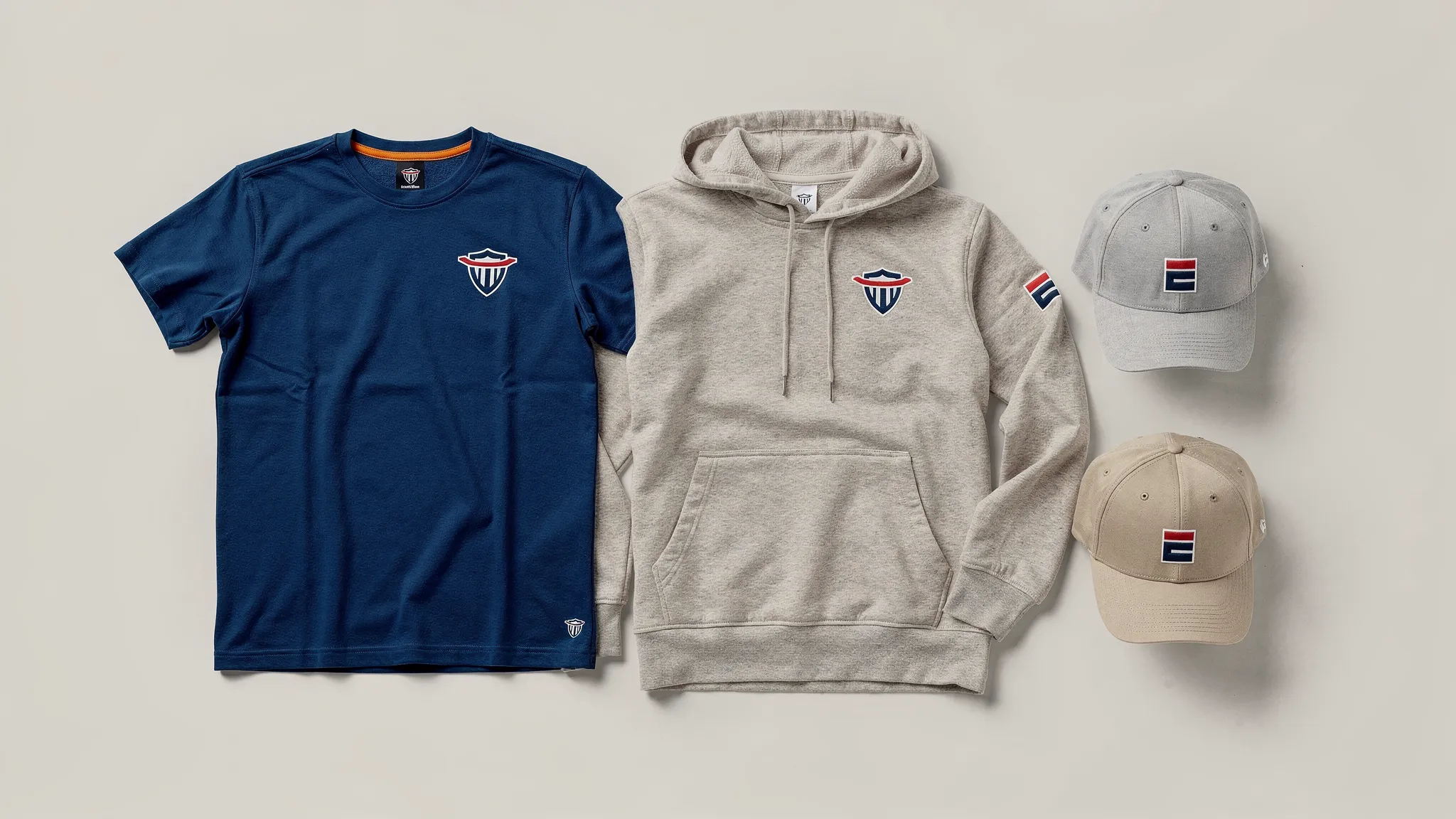 A flat lay of modern team apparel options including a heavyweight tee, a fleece hoodie, and a cap, showing both a bold game-day colorway and a neutral lifestyle colorway, with clean logo placements like left-chest, sleeve hit, and small back neck print.