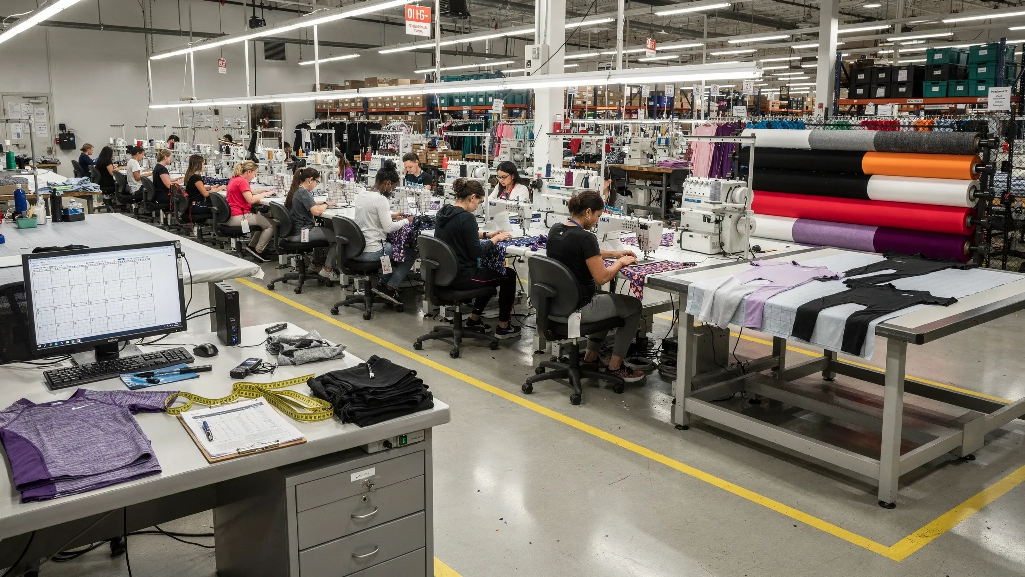 A modern U.S. apparel factory floor with organized sewing lines, fabric rolls near cutting tables, operators working on knitwear and activewear pieces, and a visible quality control station with measurement tools.
