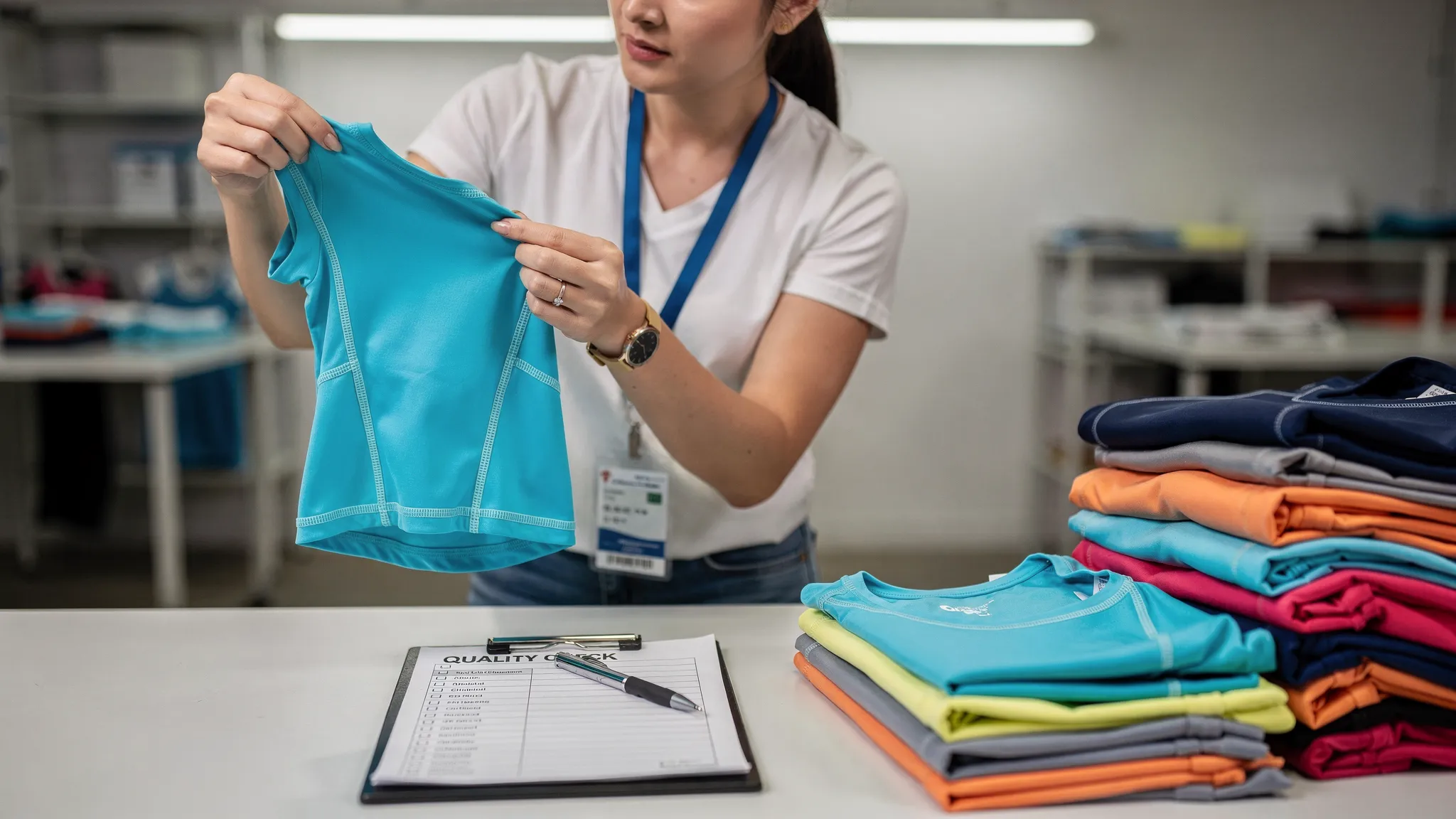 A quality control inspector examining the seam and stitching of an athletic garment under bright lighting, with a checklist on a clipboard and folded garments stacked neatly nearby.