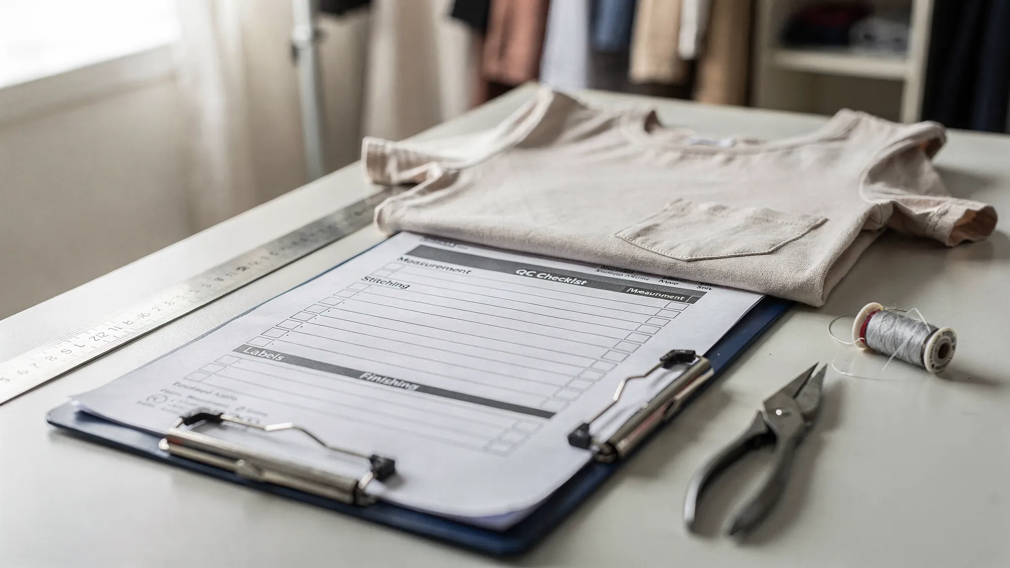 A simple apparel production checklist scene showing a clipboard with QC checkpoints, a finished garment on a table, and tools like a ruler and thread snips used for inspection.