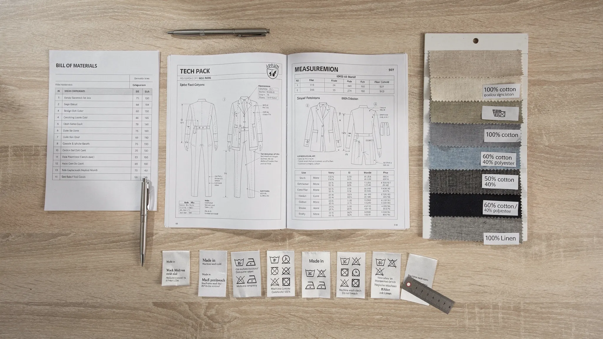 A flat lay of apparel supply chain documentation including a tech pack, bill of materials sheet, fabric swatches labeled with fiber content, and garment care labels, arranged neatly on a worktable.