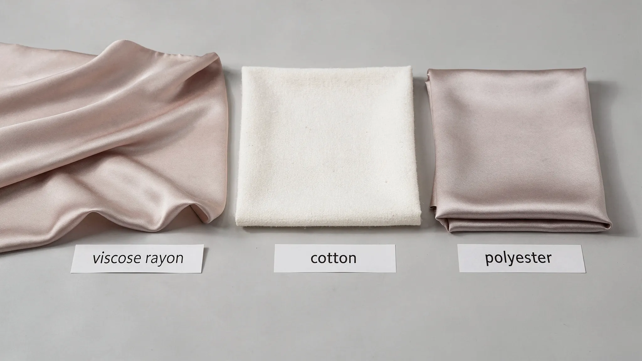 A simple comparison scene showing swatches labeled “viscose rayon,” “cotton,” and “polyester,” each draped to illustrate differences in drape and surface texture.