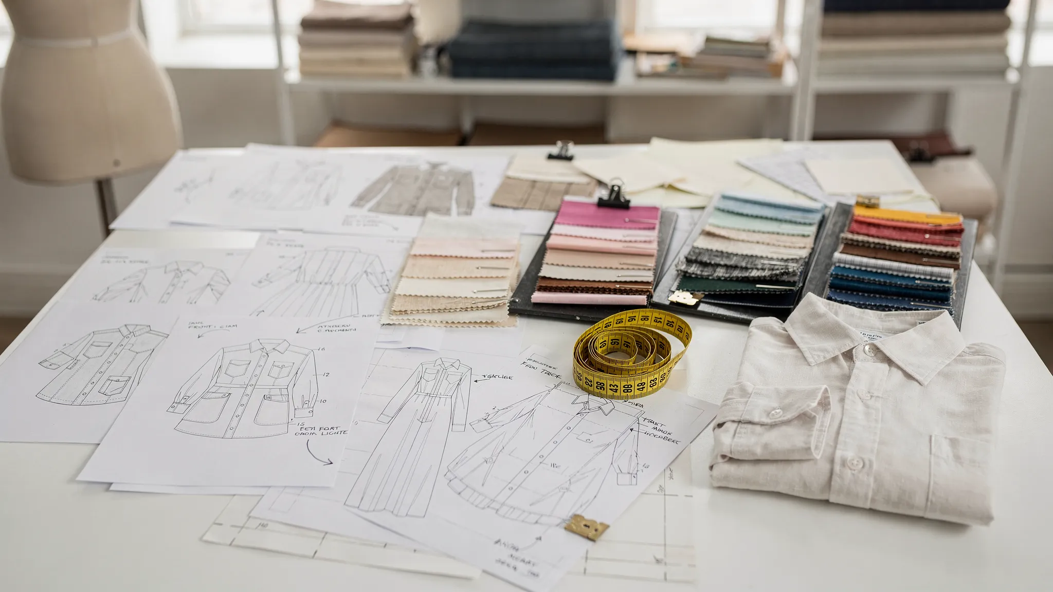 A clean apparel development workspace with garment sketches, fabric swatches, measuring tape, pattern pieces, and a sample shirt arranged on a table for planning a clothing line.