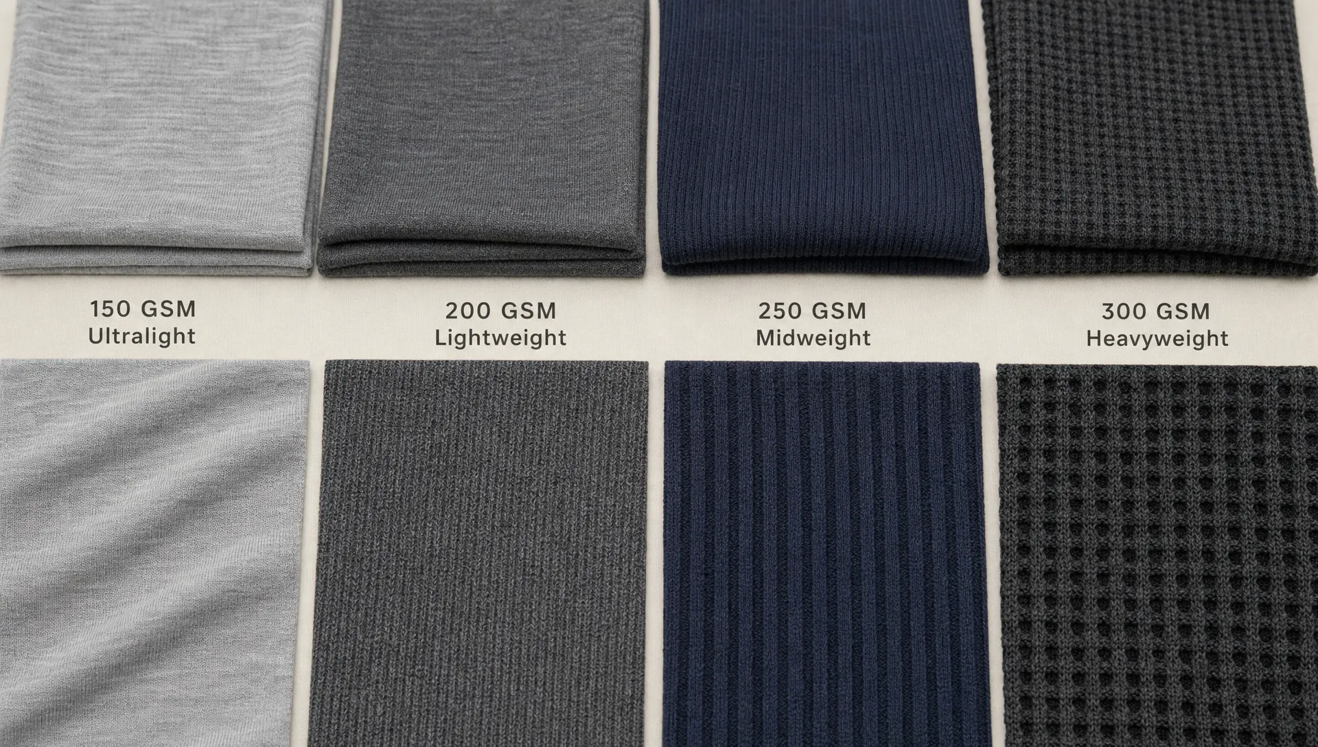 Close-up of merino base layer swatches in several fabric weights, with smooth jersey, rib, and waffle textures arranged flat so the differences in knit structure and warmth are easy to compare.