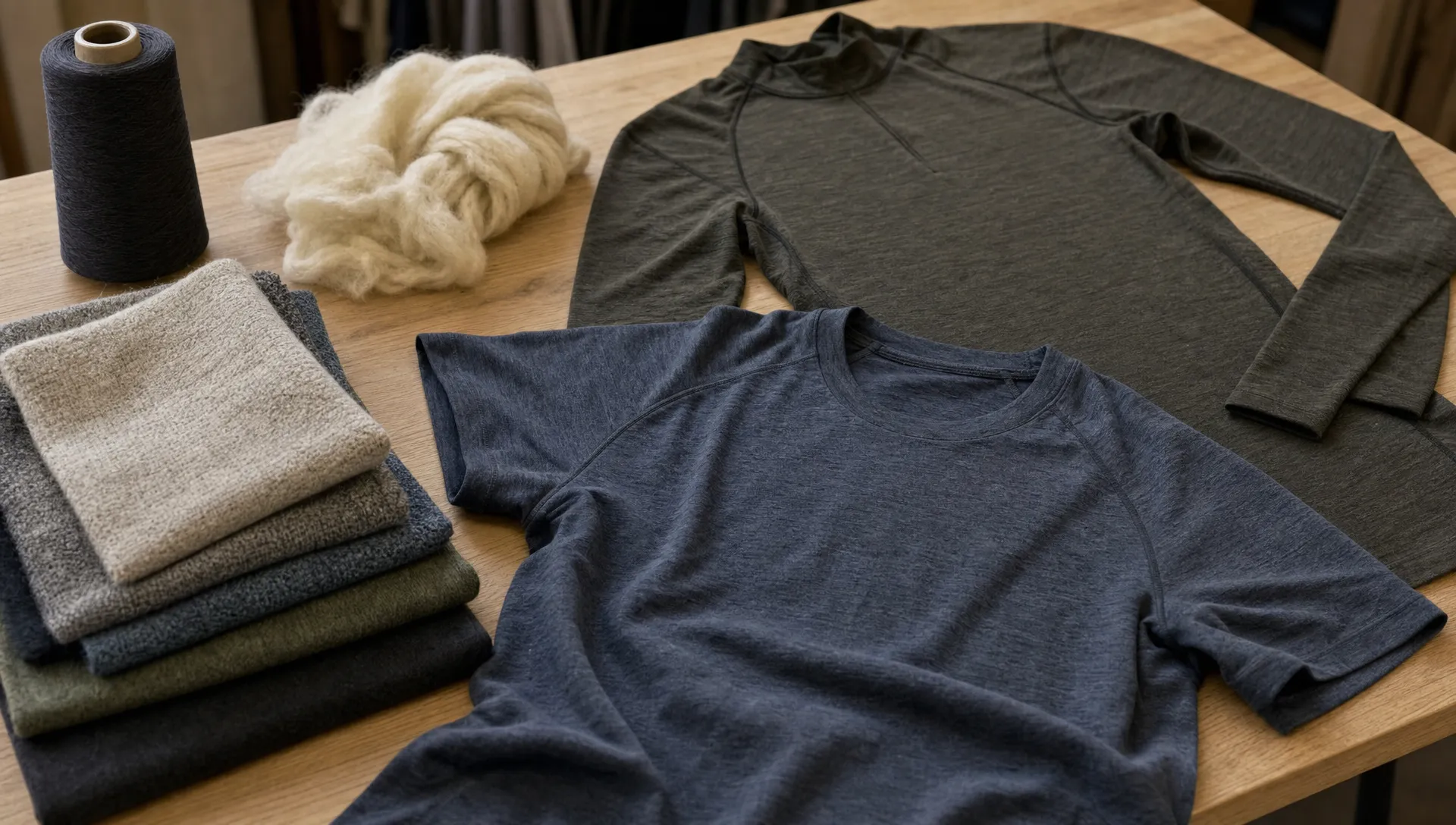 A close view of merino activewear garments arranged on a worktable, with a lightweight training T-shirt, long-sleeve base layer, and folded knit swatches showing texture and softness.