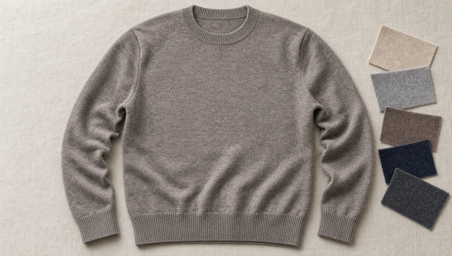 A flat-laid merino wool crew neck sweater shows the ribbed neckline, shoulder seams, sleeve attachment, cuffs, hem, and nearby fabric swatches.