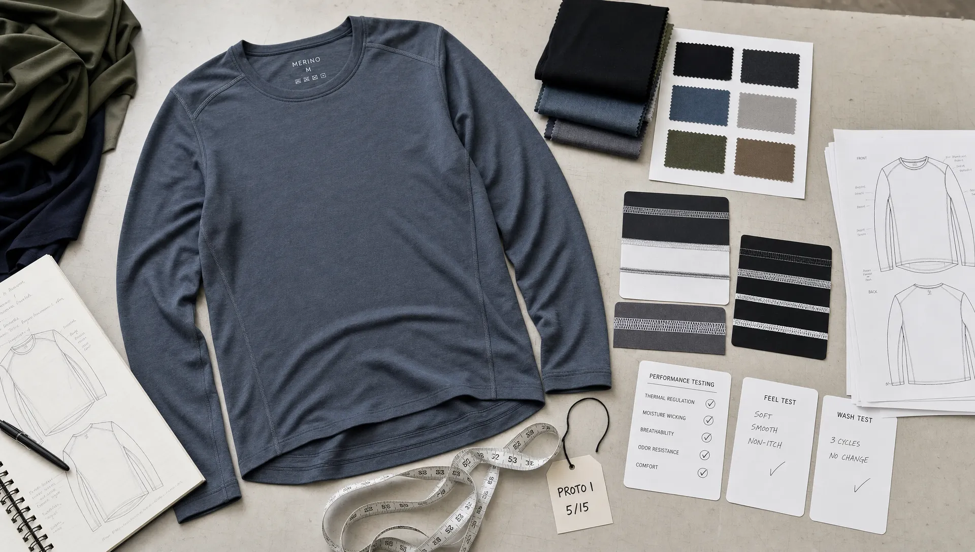 A flat lay of merino activewear prototypes on a studio table, including a long sleeve top, fabric swatches, seam samples, a measuring tape, and testing cards.