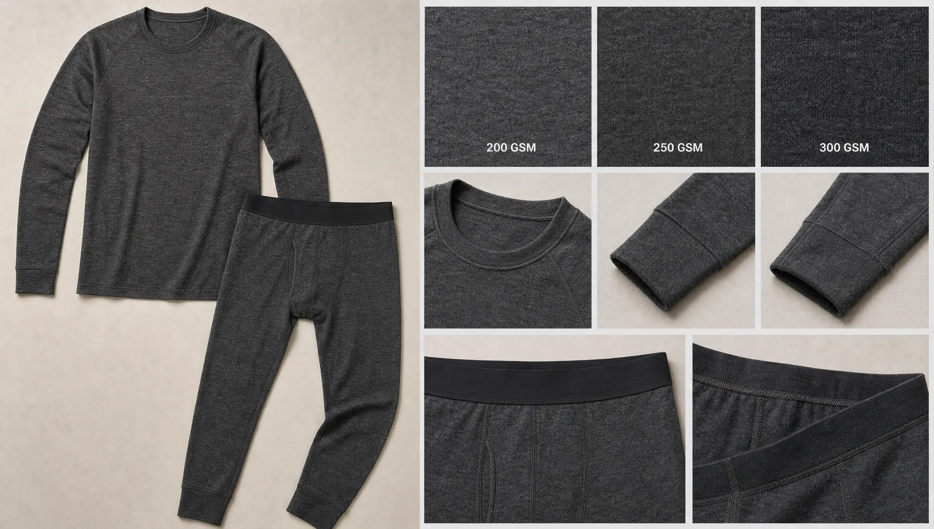 A men's wool base layer top and bottoms are laid out with fabric swatches, seam details, cuffs, and waistband construction for GSM comparison.