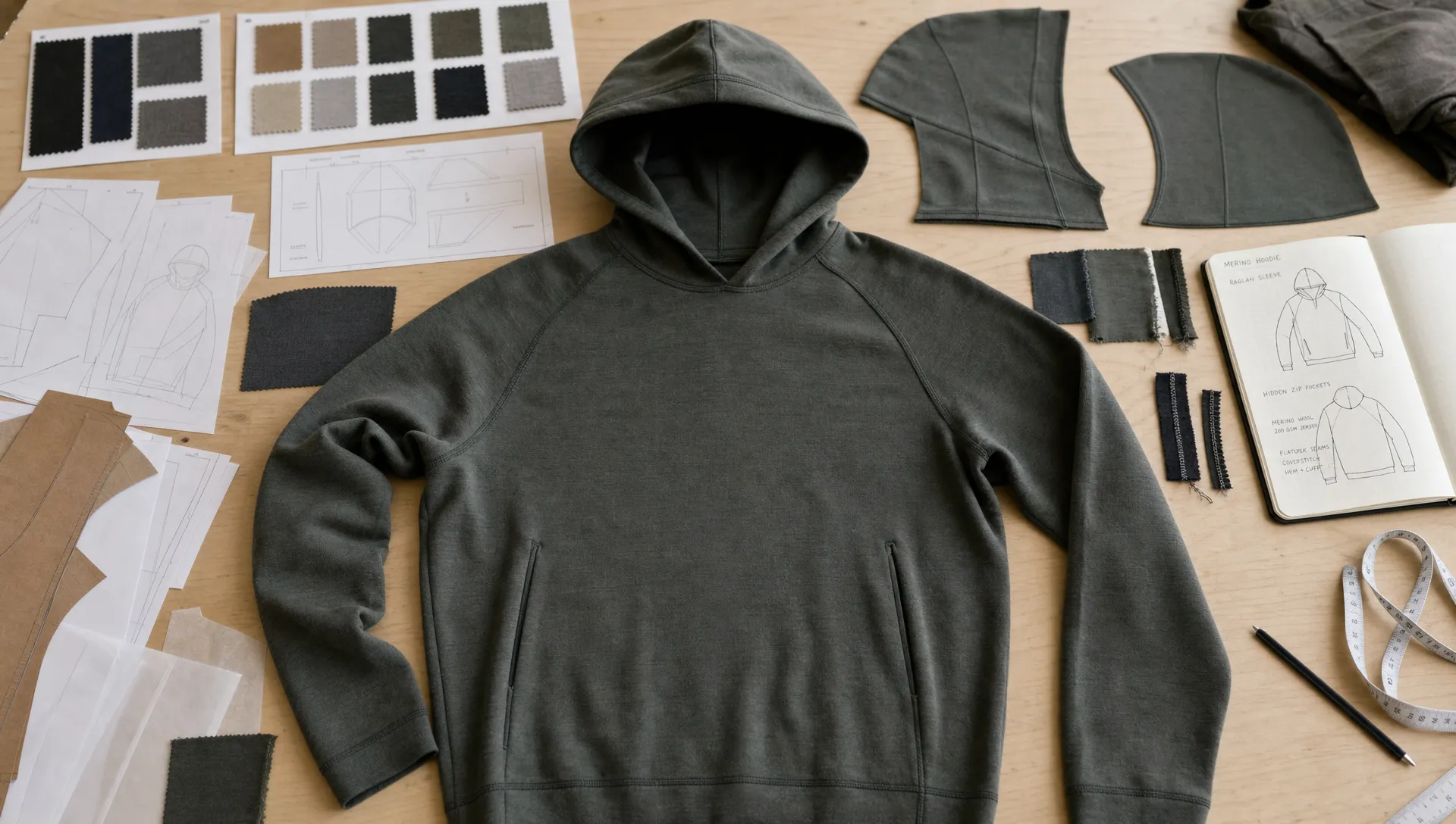 A merino hoodie prototype lies on a worktable with fabric swatches, pattern pieces, hood panels, and seam samples arranged around it.