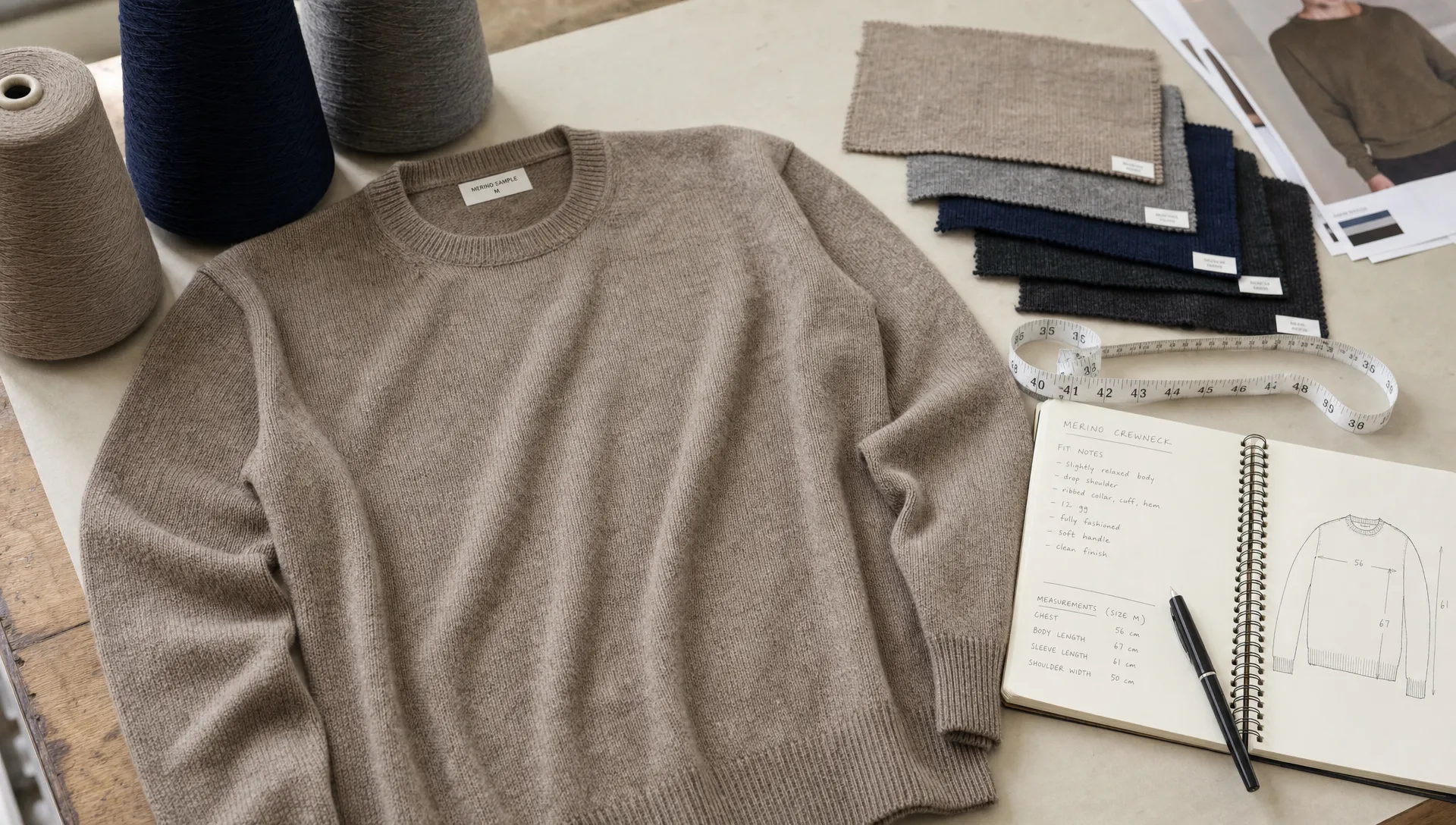A merino wool crewneck sample lies beside yarn cones, knitted swatches, a tape measure, and fit notes on a worktable.