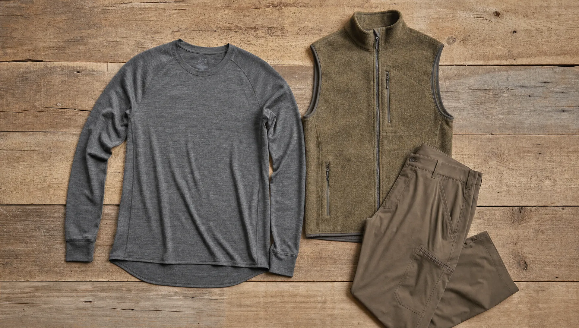 A merino wool long-sleeve shirt laid flat with raglan sleeves, flat seams, fitted cuffs and a drop-tail hem beside a vest and outdoor pants.