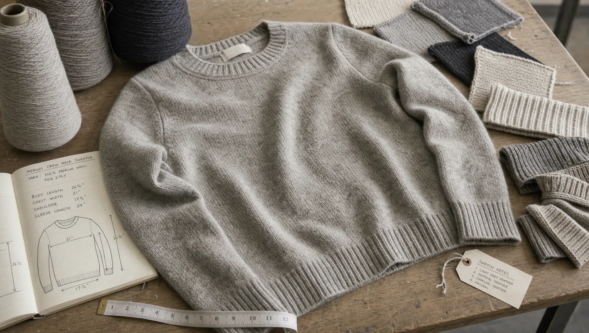 A merino wool sweater sample lies on a worktable with yarn cones, knit swatches, rib trim pieces, and measurement notes.