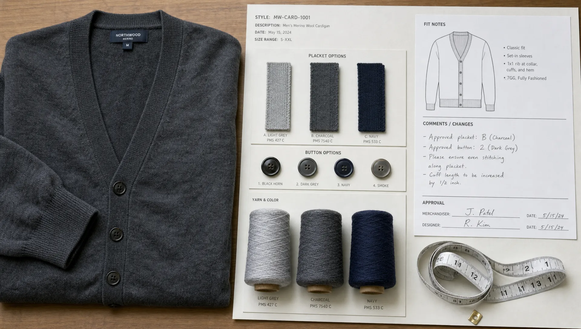 A product review table shows a merino wool cardigan sample with buttons, placket swatches, yarn cones, a measuring tape, and fit notes.