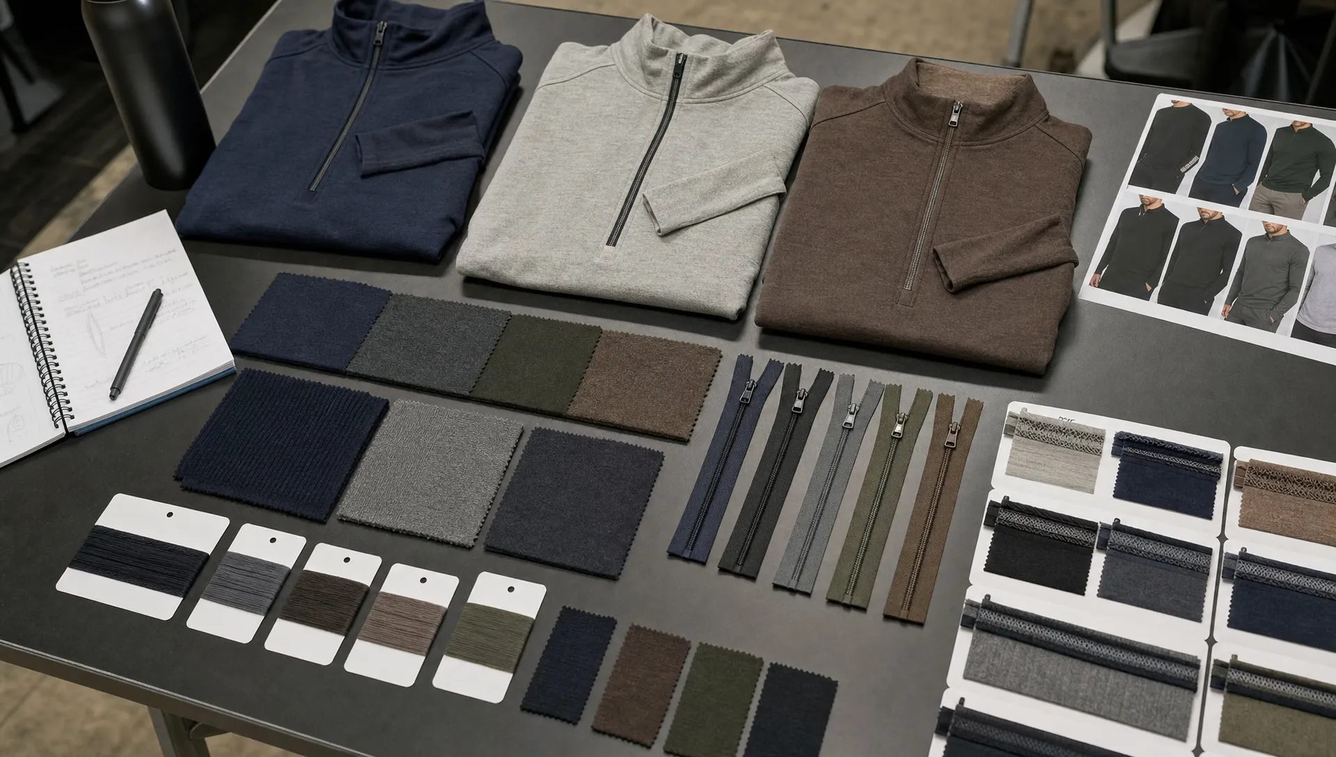 A sampling table holds folded merino long sleeve styles, knit swatches, zipper trims, and seam samples for collection review.