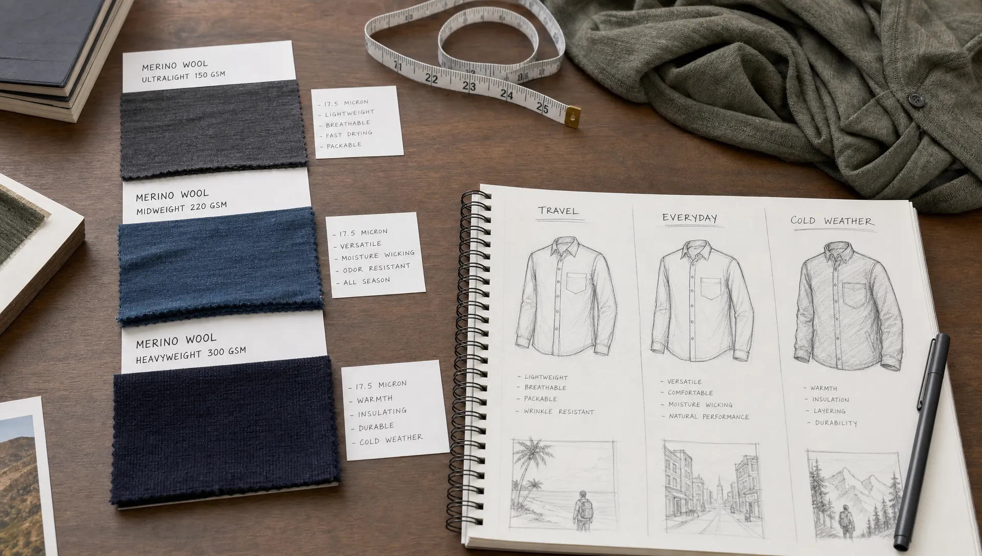 A studio table shows merino shirt fabric swatches in different weights beside a tape measure and garment sketches for travel, everyday, and cold weather use cases.