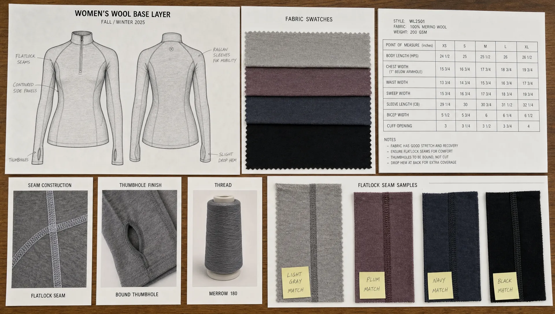 A technical product development table shows women’s wool base layer sketches, fabric swatches, measurement notes, and seam samples.