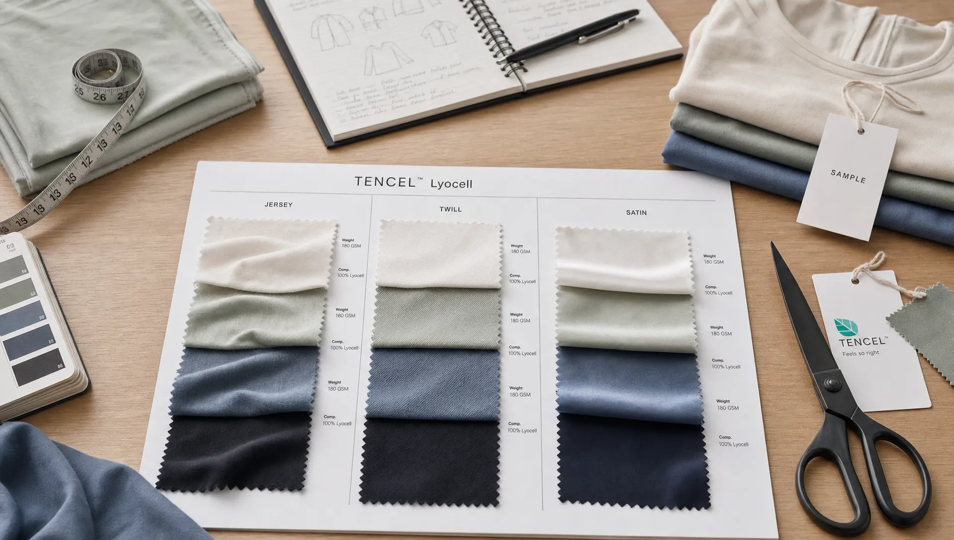 A textile development table holds TENCEL Lyocell swatches in jersey, twill and satin, with measuring tools and folded sample garments for sourcing review.