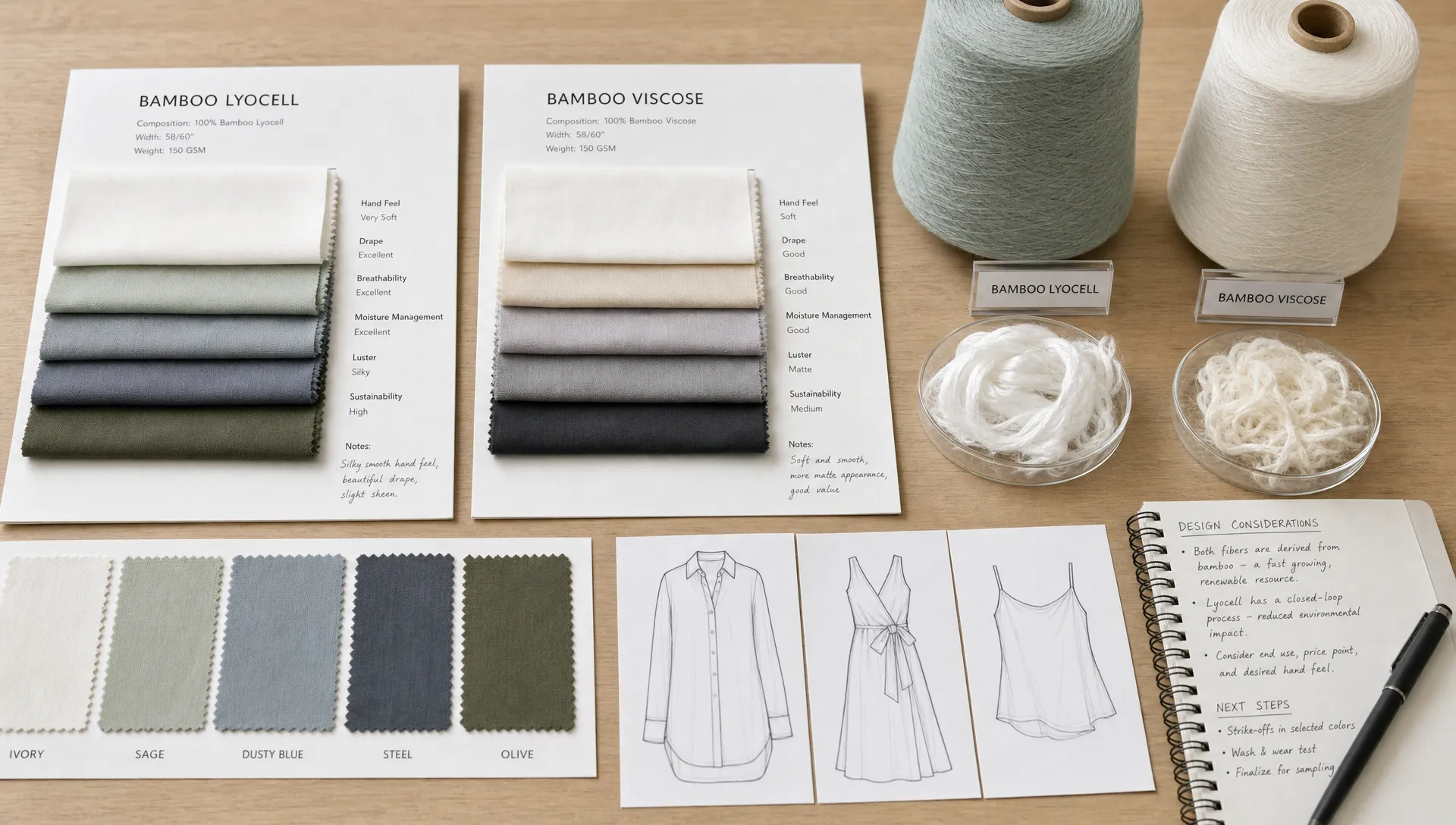 A textile development table with folded bamboo lyocell and bamboo viscose swatches, yarn cones, fiber samples, and garment sketches arranged for material comparison.