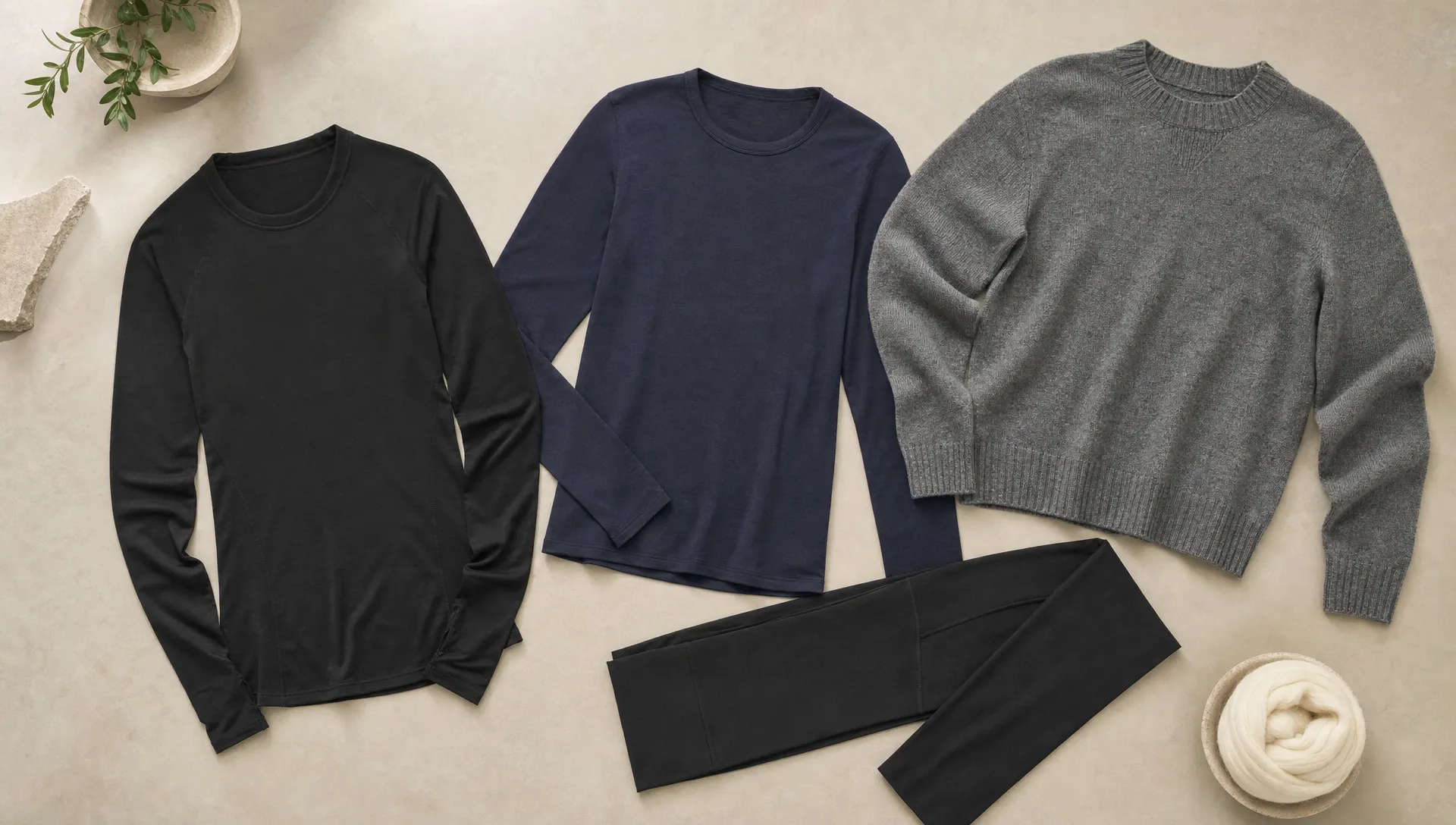 A women’s merino wool core collection is arranged on a studio table with a base layer top, long sleeve tee, leggings, and a fine-gauge sweater.