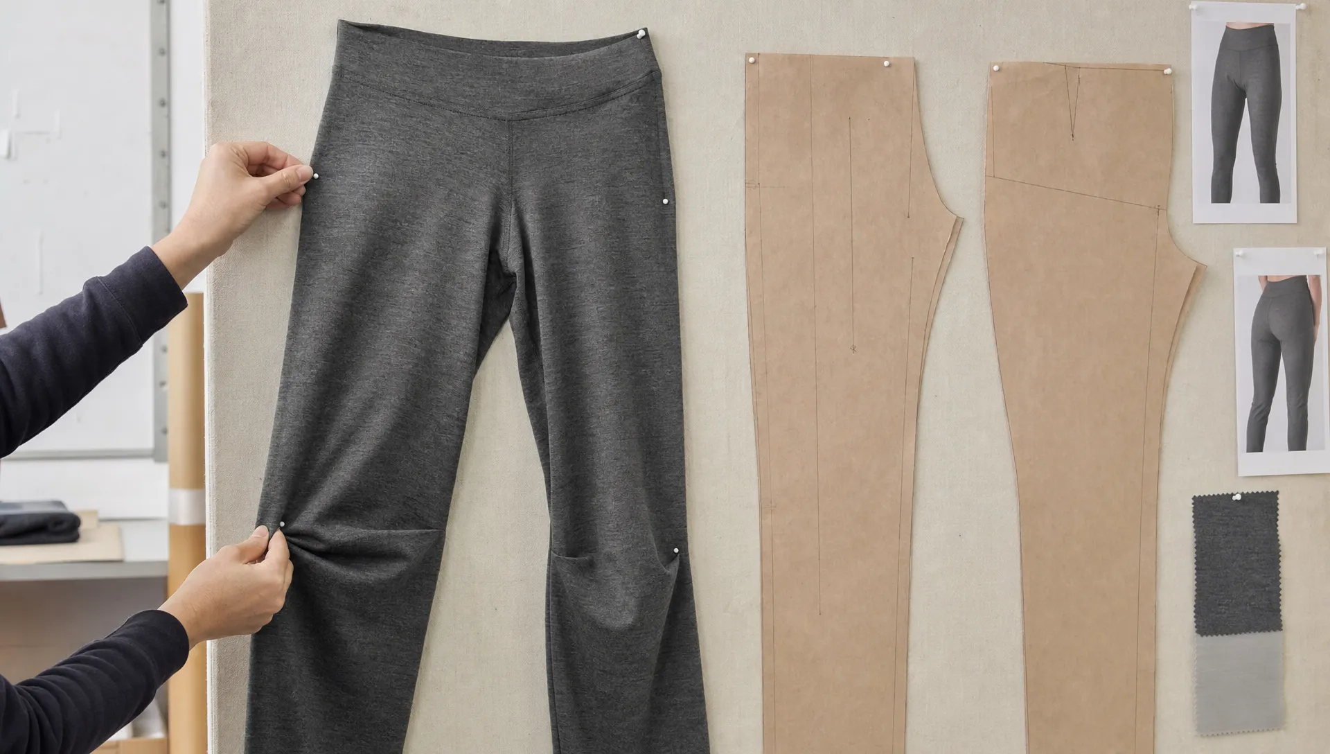 Adult hands pin a women’s merino wool pants sample beside pattern pieces, with drape and recovery check marks at the knee and seat.