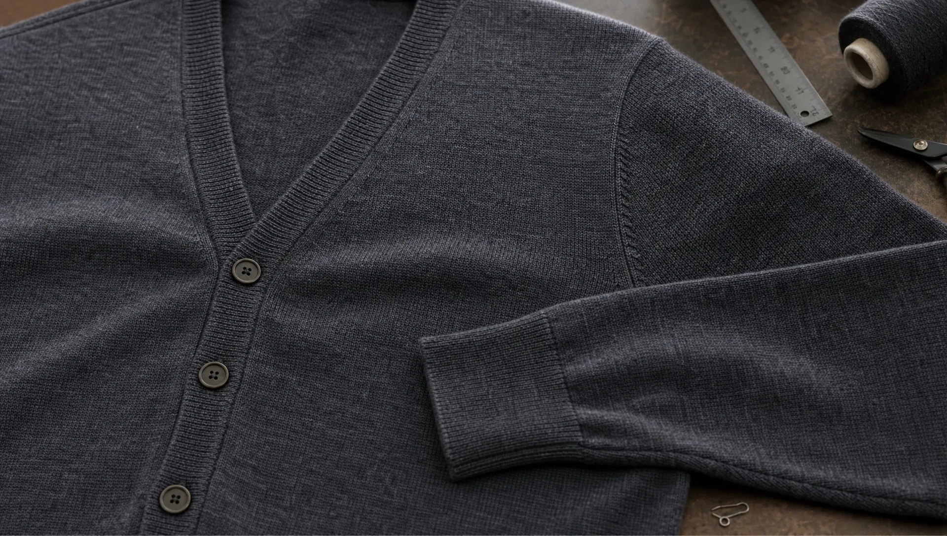 Close-up of a men’s merino wool cardigan laid flat on a worktable, showing the button placket, ribbed cuffs, shoulder linking, and fine-knit texture.