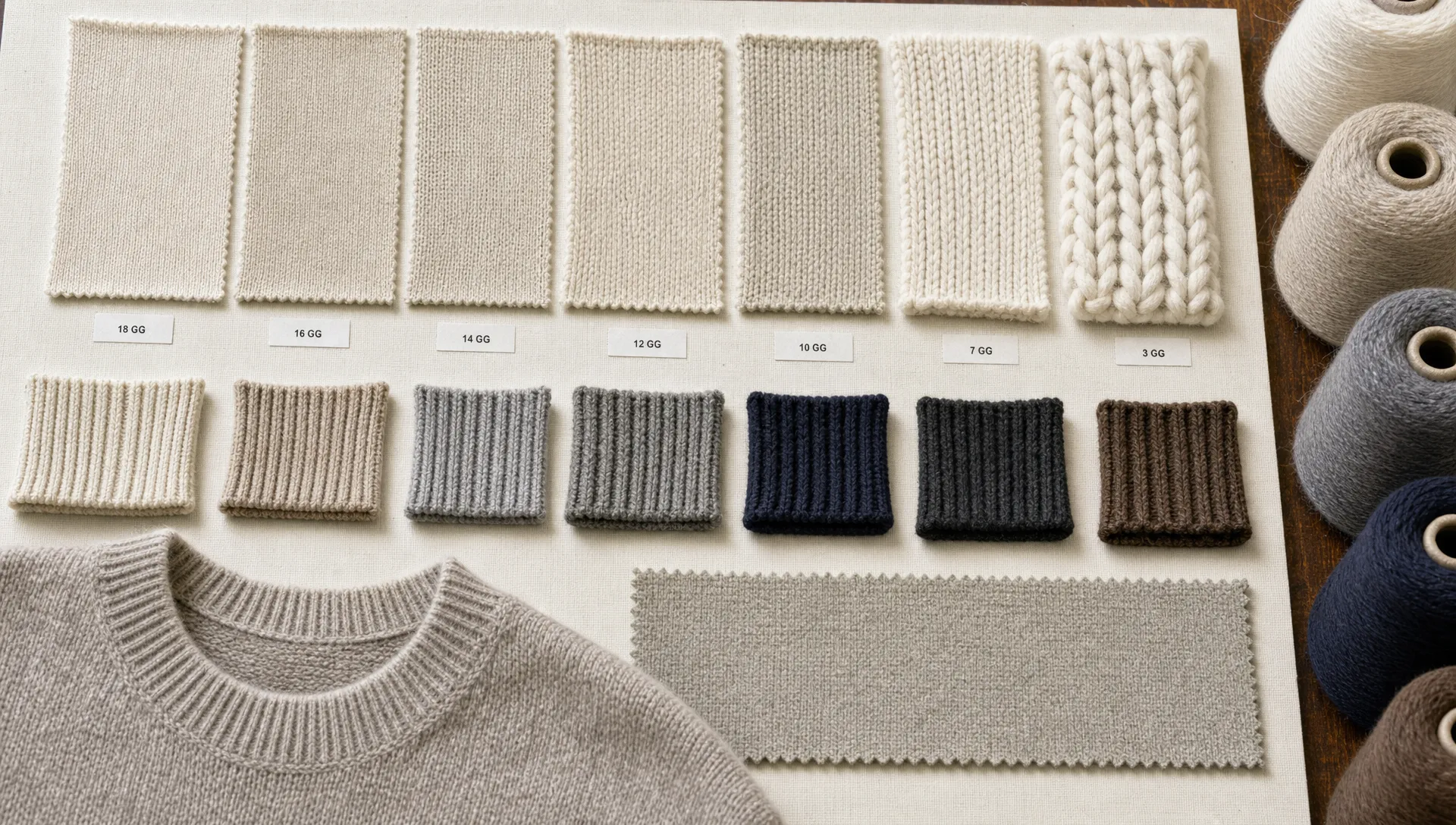 Close-up of a merino crew neck sweater swatch board with different knit gauges, rib trims, and yarn cones arranged for apparel development review.