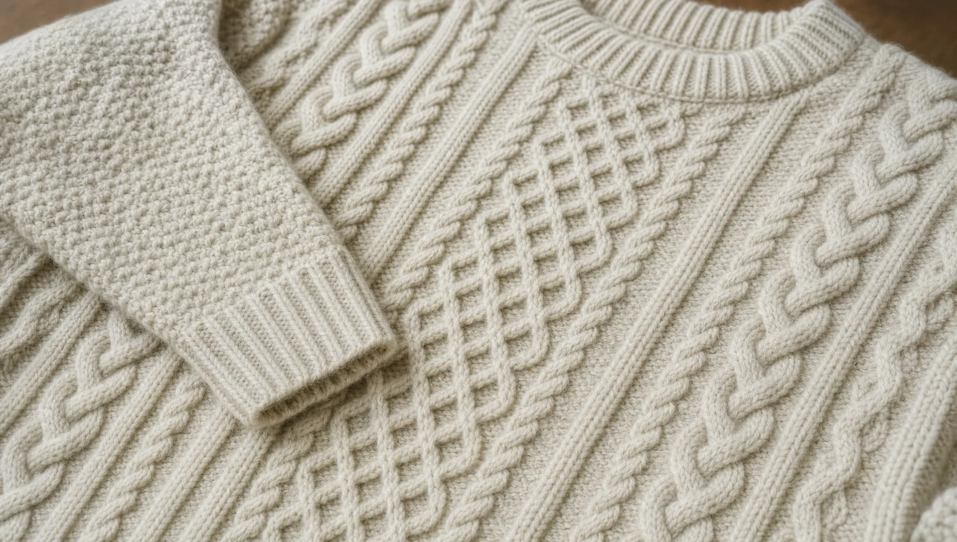 Close-up of a merino wool fisherman sweater showing raised cable stitches, ribbed trim, moss texture, and honeycomb knit panels with visible yarn depth and stitch definition.