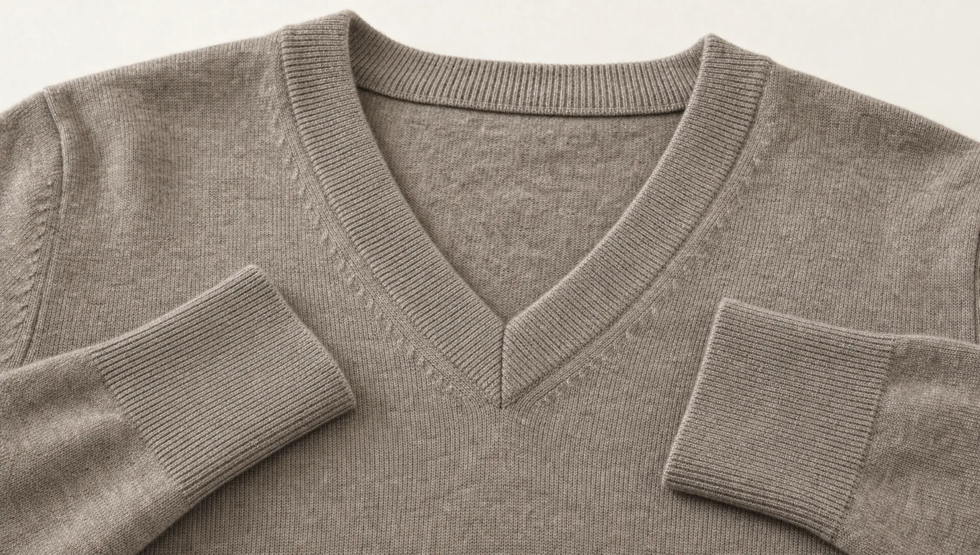 Close-up of a merino wool V-neck sweater laid flat, showing the ribbed neckline, sharp center V point, shoulder seams, and neatly finished cuffs.
