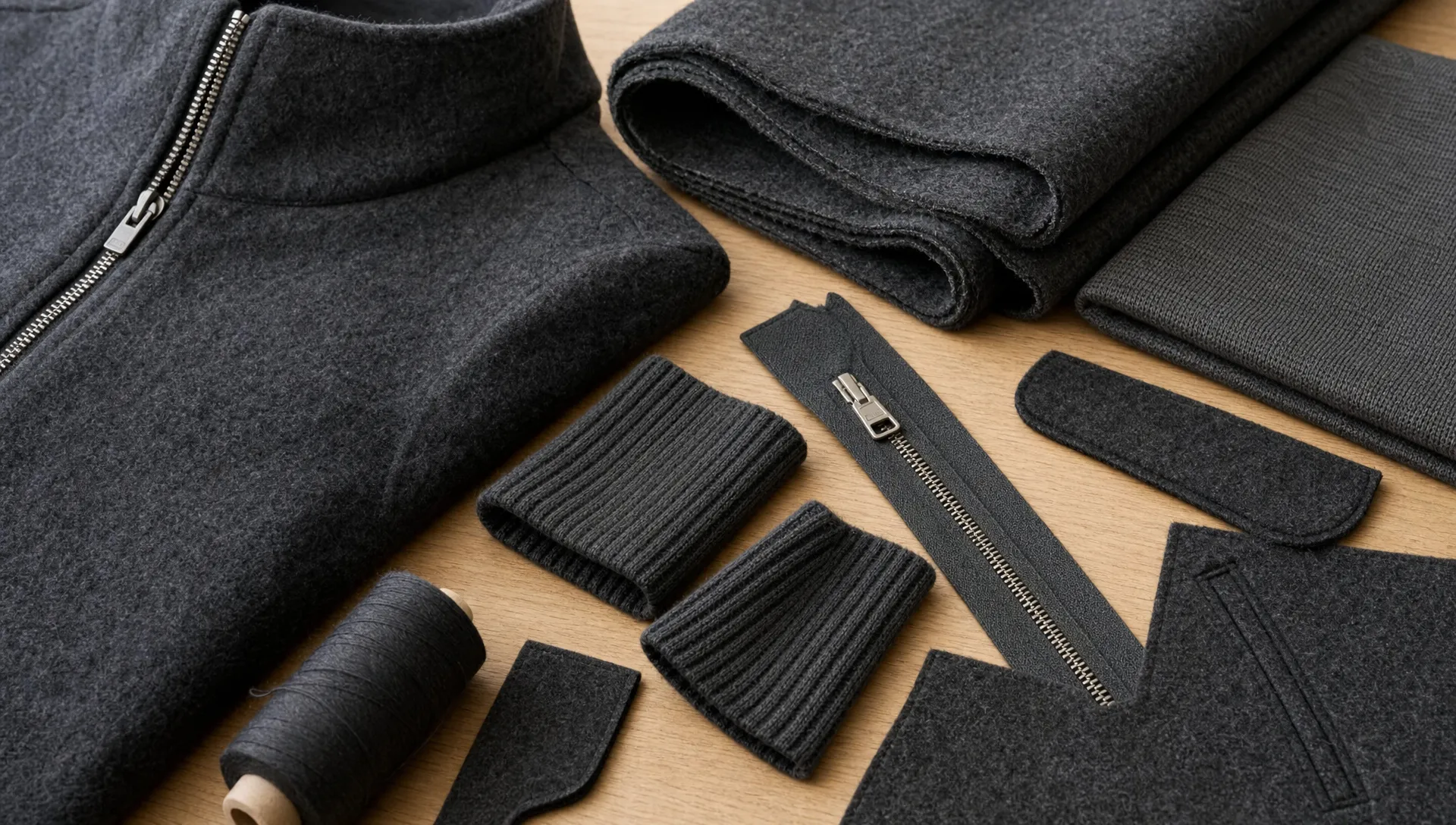 Close-up of merino wool jacket materials on a worktable, including boiled wool, double-knit fabric, zipper tape, rib cuffs, and reinforced pocket pieces.