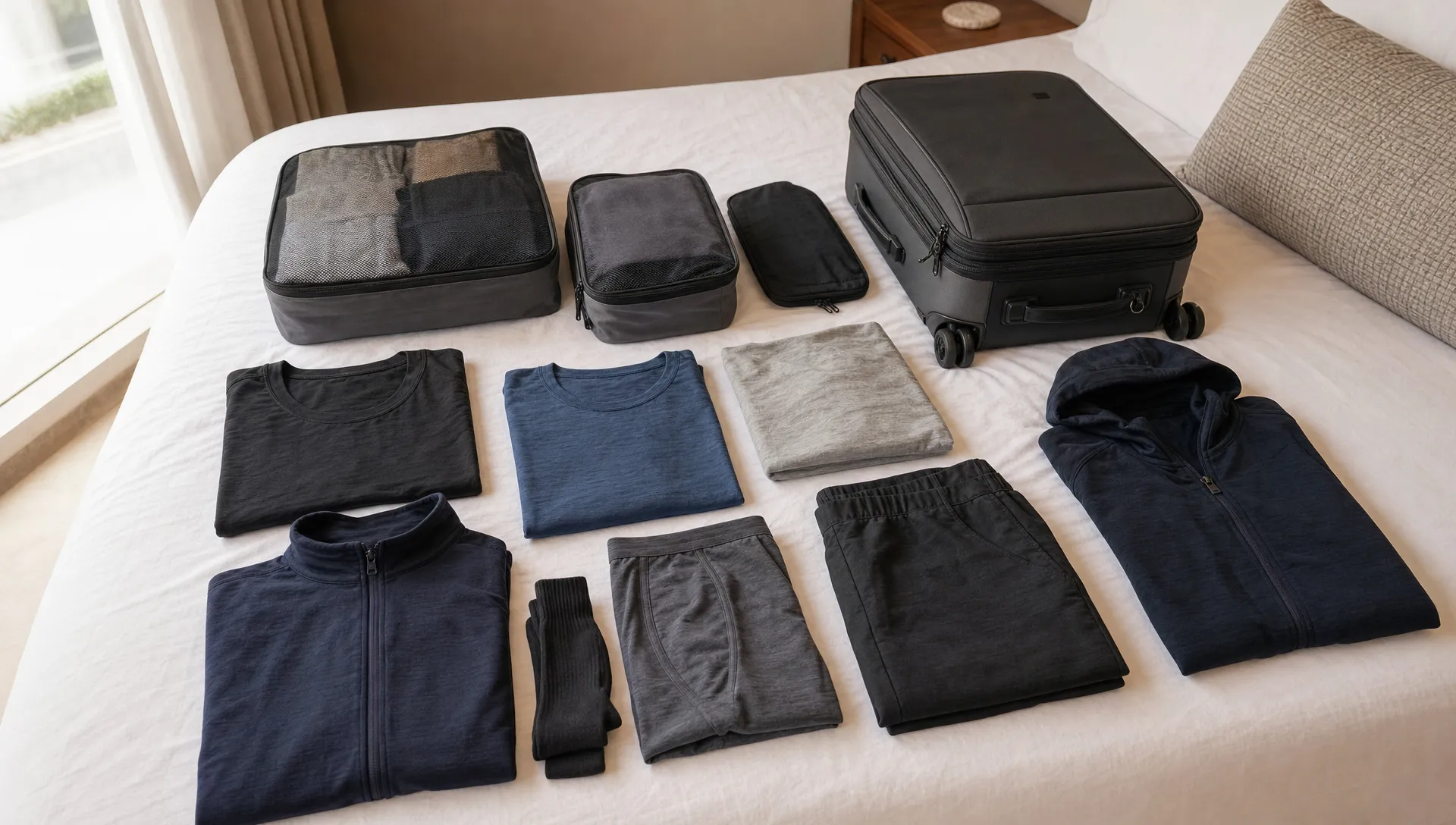 Merino travel clothes are laid out beside packing cubes and a carry-on bag on a bed.