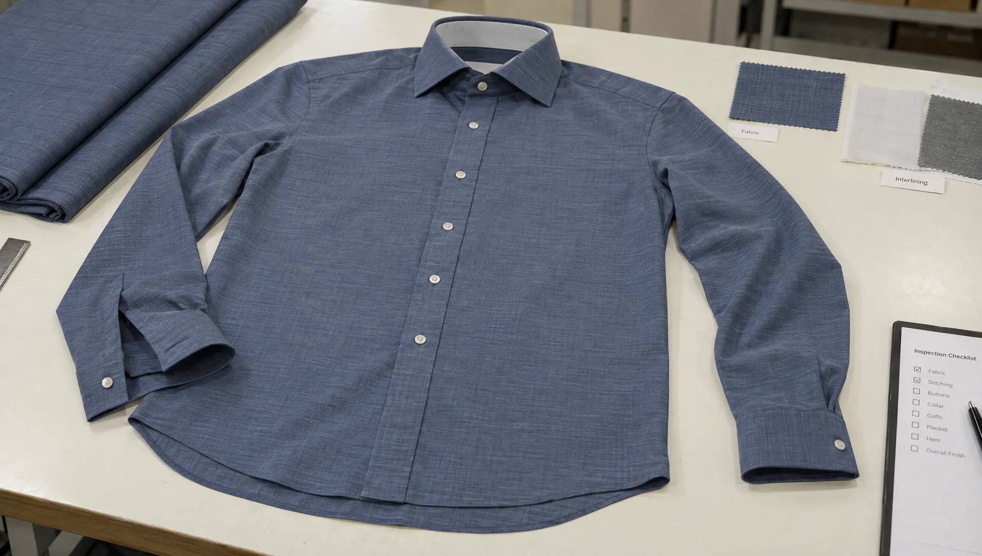 A merino dress shirt lies flat on a garment inspection table, its opened cuff, supported collar, straight placket and curved hem visible beside matching fabric and interlining swatches.