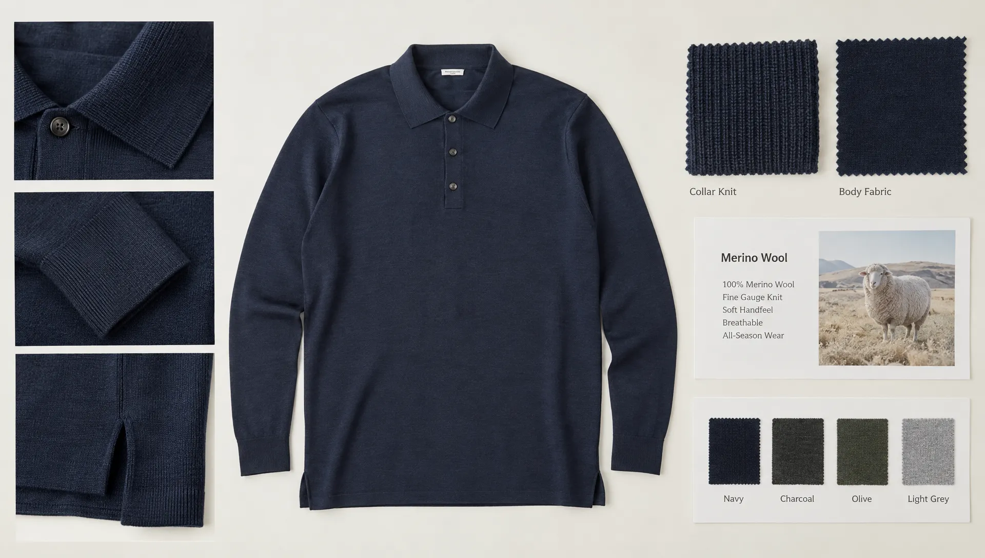 A merino polo lies flat for specification review, with its collar, button placket, cuffs and side seams visible beside knitted collar and body-fabric samples.