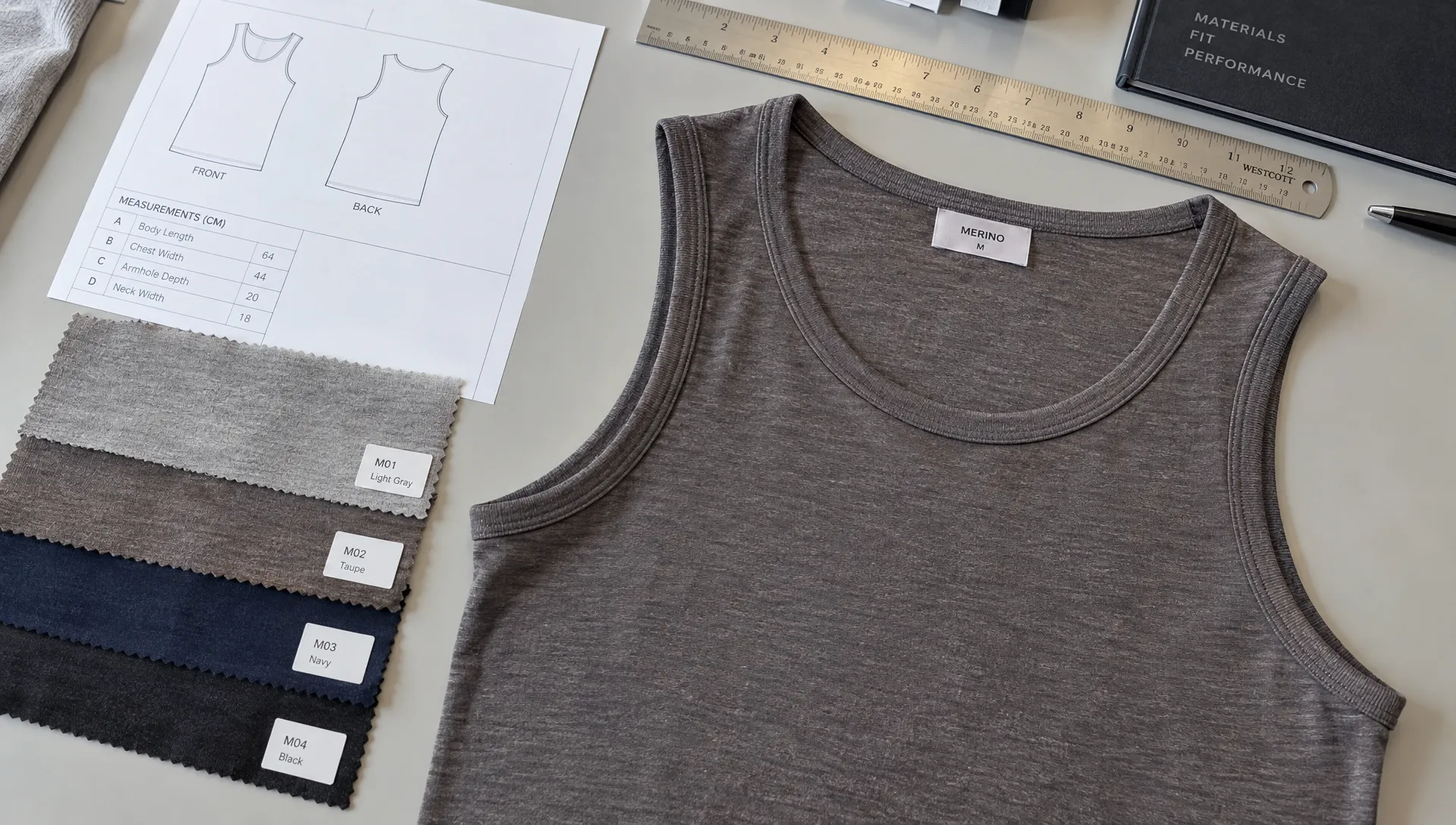 A merino tank top sample lies beside fabric swatches and a ruler on a testing table, with its neckline and armhole bindings visible for dimensional checks.