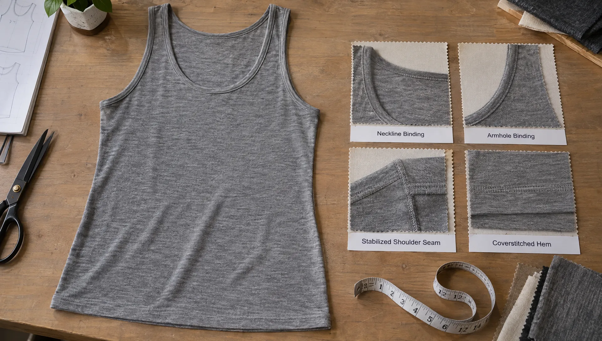 A merino wool tank top lies flat on a worktable beside samples of its neckline and armhole binding, stabilized shoulder seam, coverstitched hem, and a measuring tape.