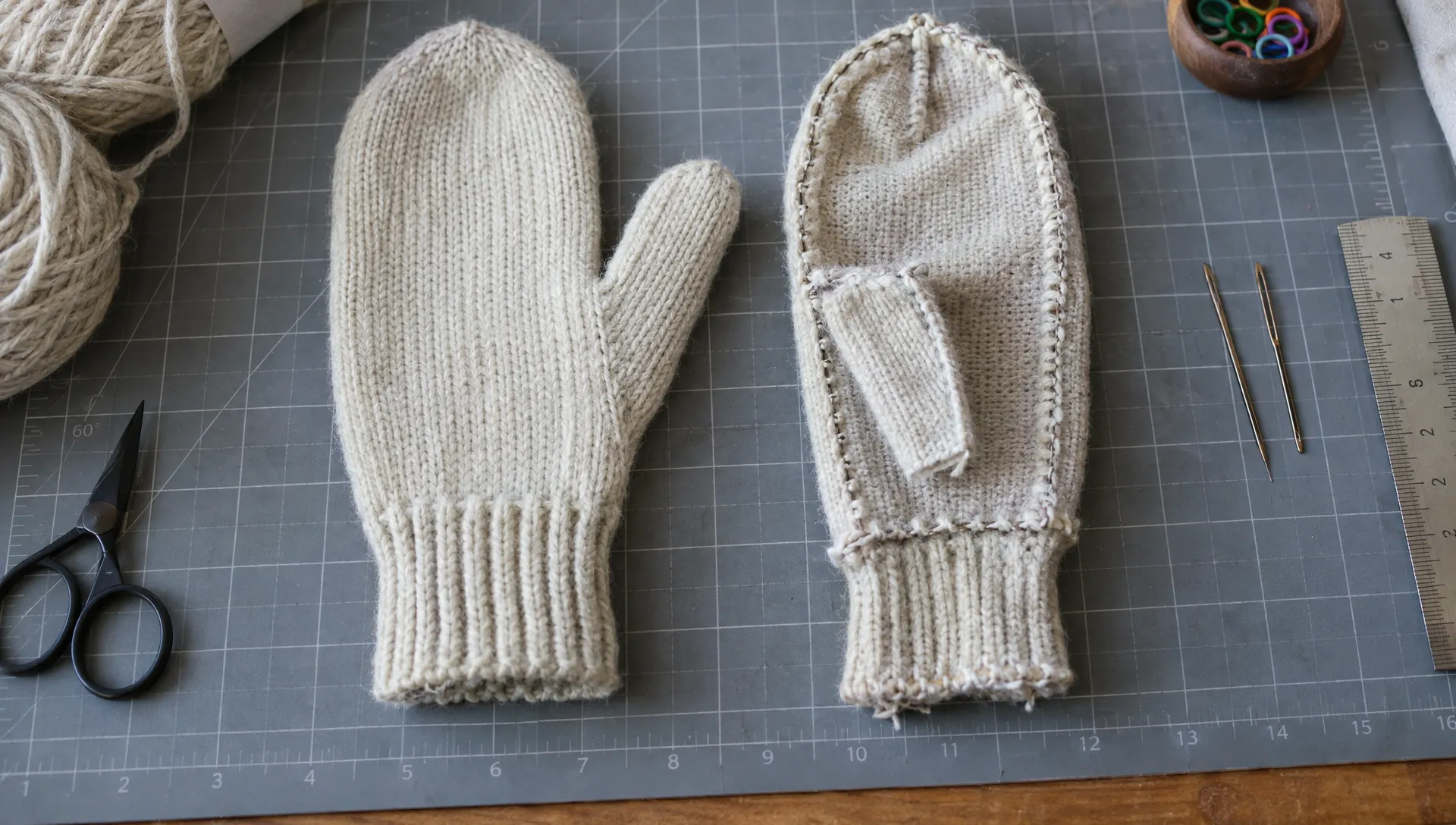 An overhead view of a finished merino wool mitten beside an inside-out sample on a cutting table, showing the thumb gusset, fingertip closure, ribbed cuff and internal seams.