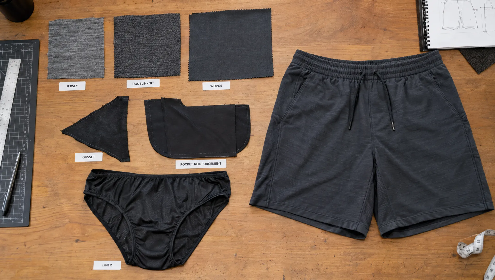 An overhead view of finished merino wool shorts beside jersey, double-knit and woven swatches, with the gusset, pocket reinforcement and separate liner visible.