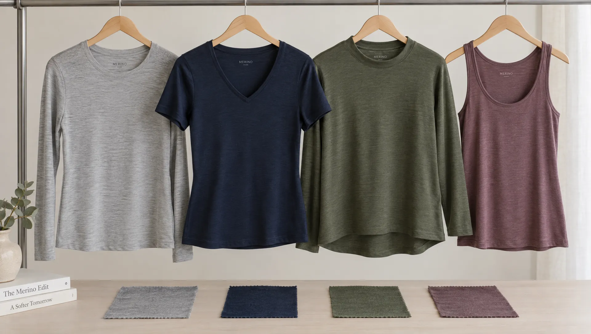 Four women’s merino tops hang together on a studio rail, showing varied necklines, sleeve lengths and silhouettes alongside matching fabric swatches.