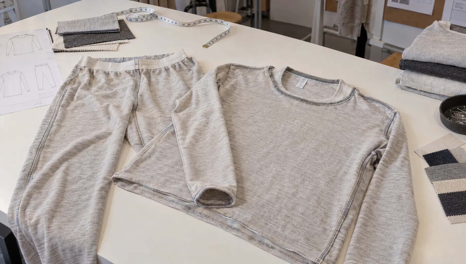 Inside-out merino wool pajamas lie on a development table, exposing the waistband, side seams and neckline finish beside fabric swatches and a measuring tape.