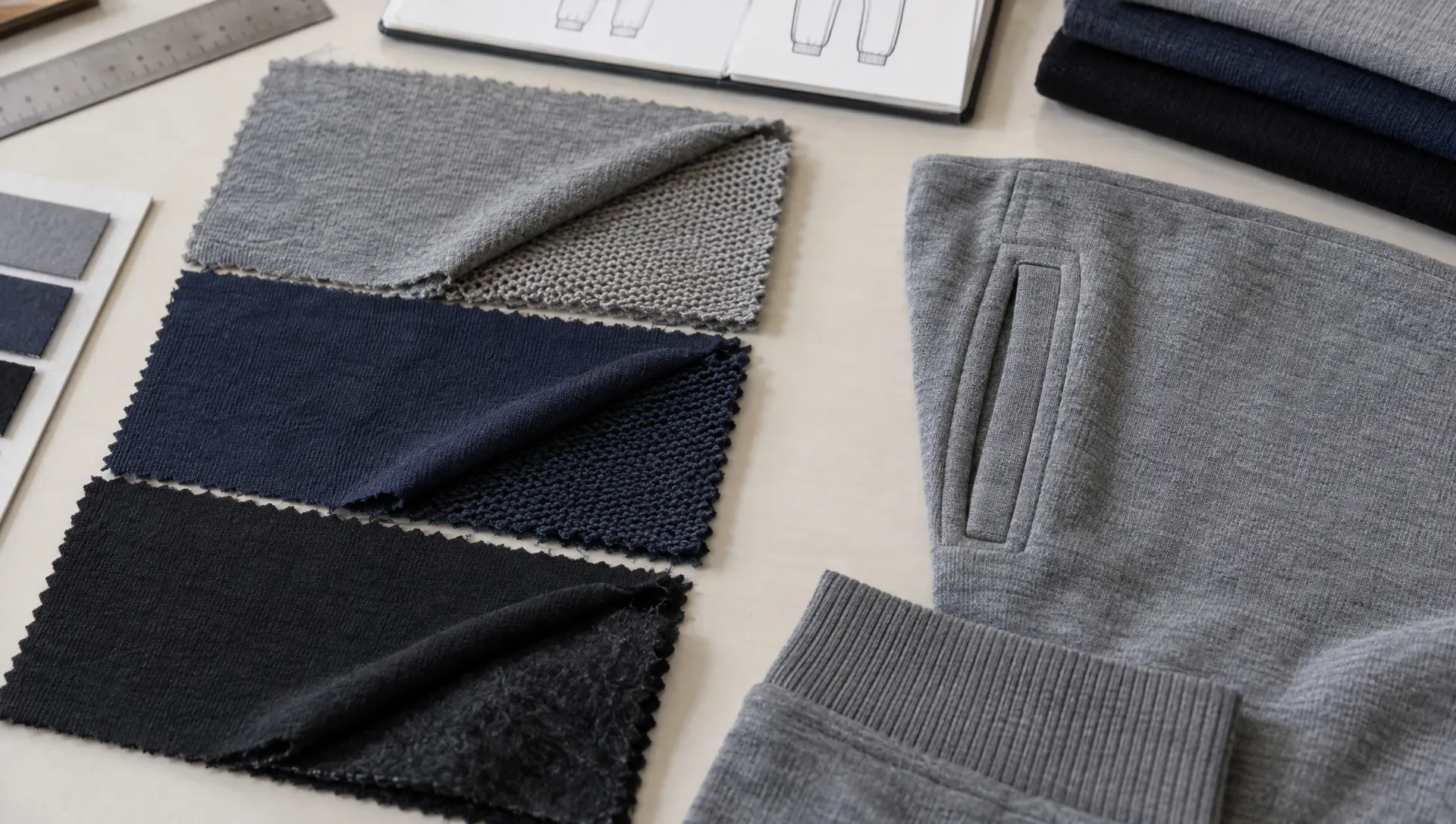 Merino sweatpant fabric swatches with smooth faces, loopback and brushed backs sit beside a sample pocket opening and rib cuff on a development table.