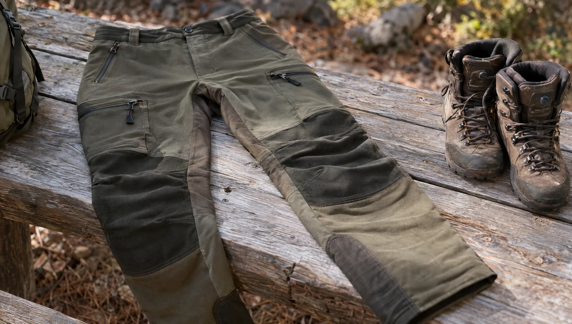 Merino wool hunting pants are laid flat on a wooden bench outdoors, showing articulated knees, reinforced seat and lower-leg panels, secured zipper pulls and thigh pockets beside field boots.